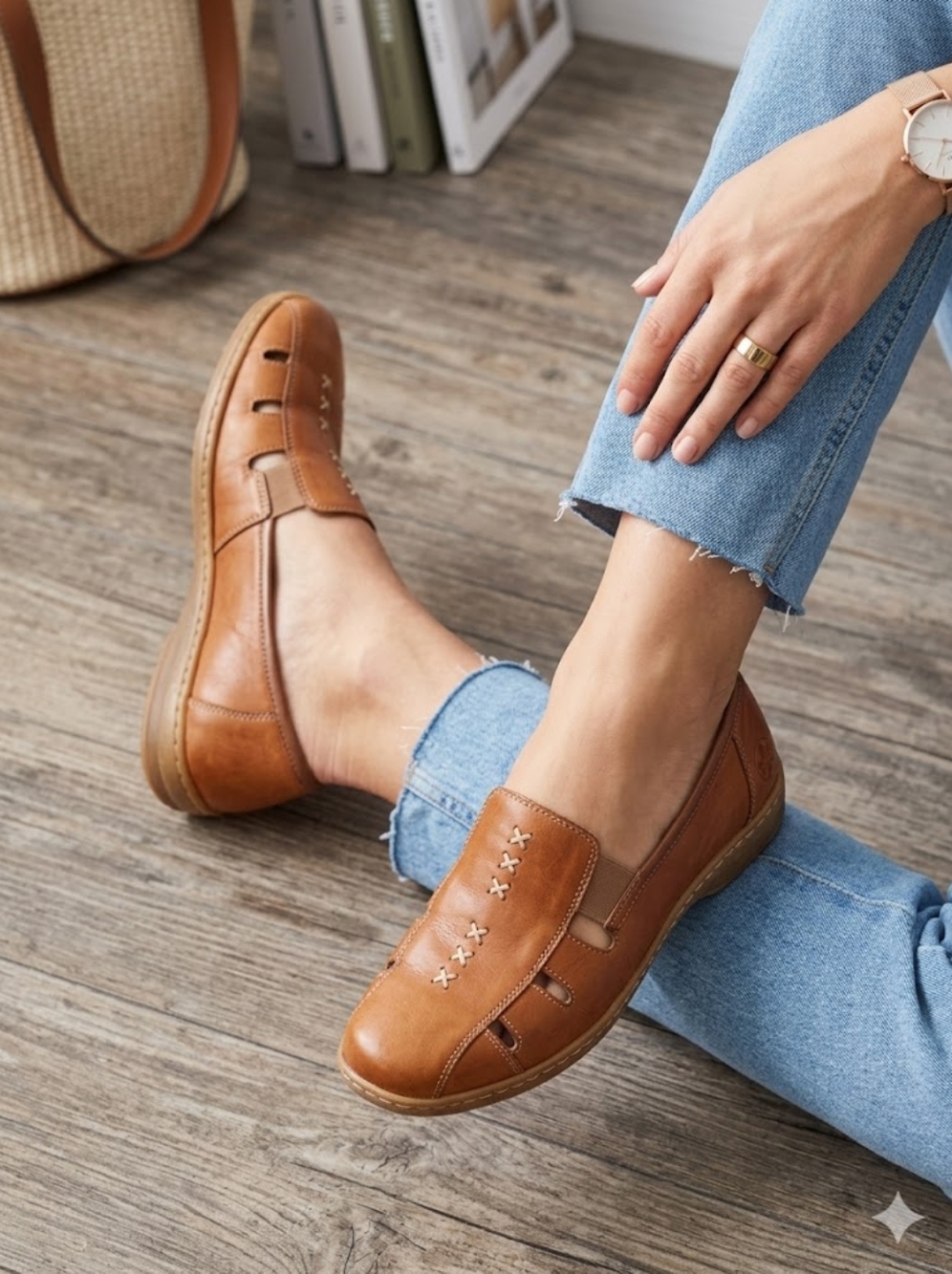 Rieker Tan Leather Slip-On Loafers with Stitch Detail Size 41